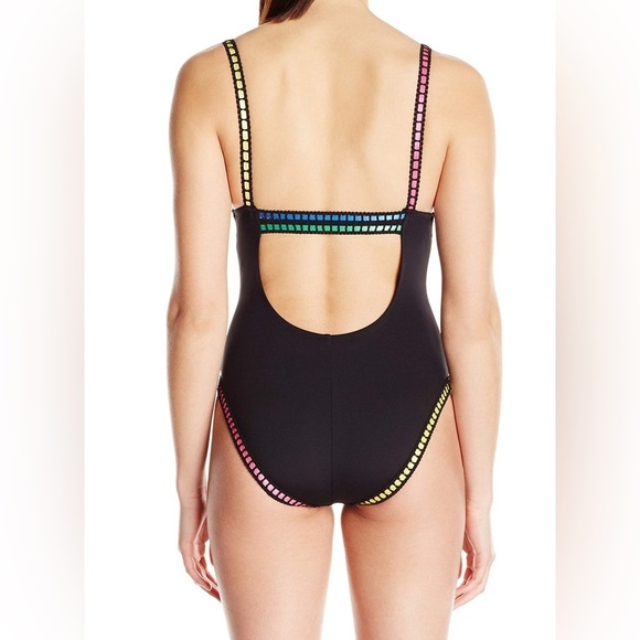 La Blanca V Neck Black Rainbow One Piece Swimsuit Threading Along - Size 4 - Picture 4 of 14